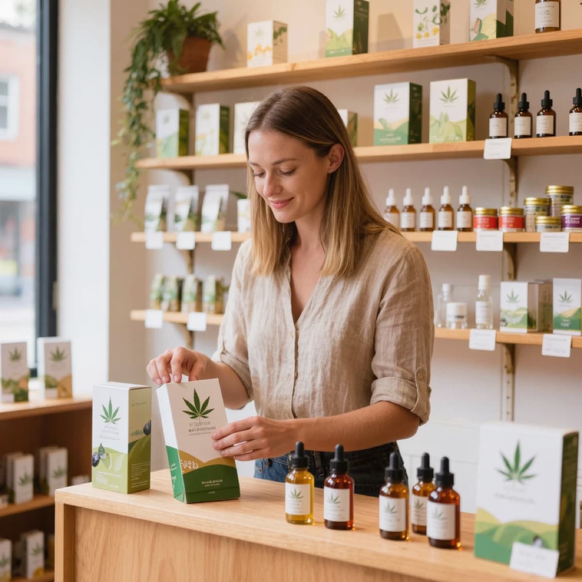 A shopkeeper arranging boxed CBD oils in a bright wellness shop