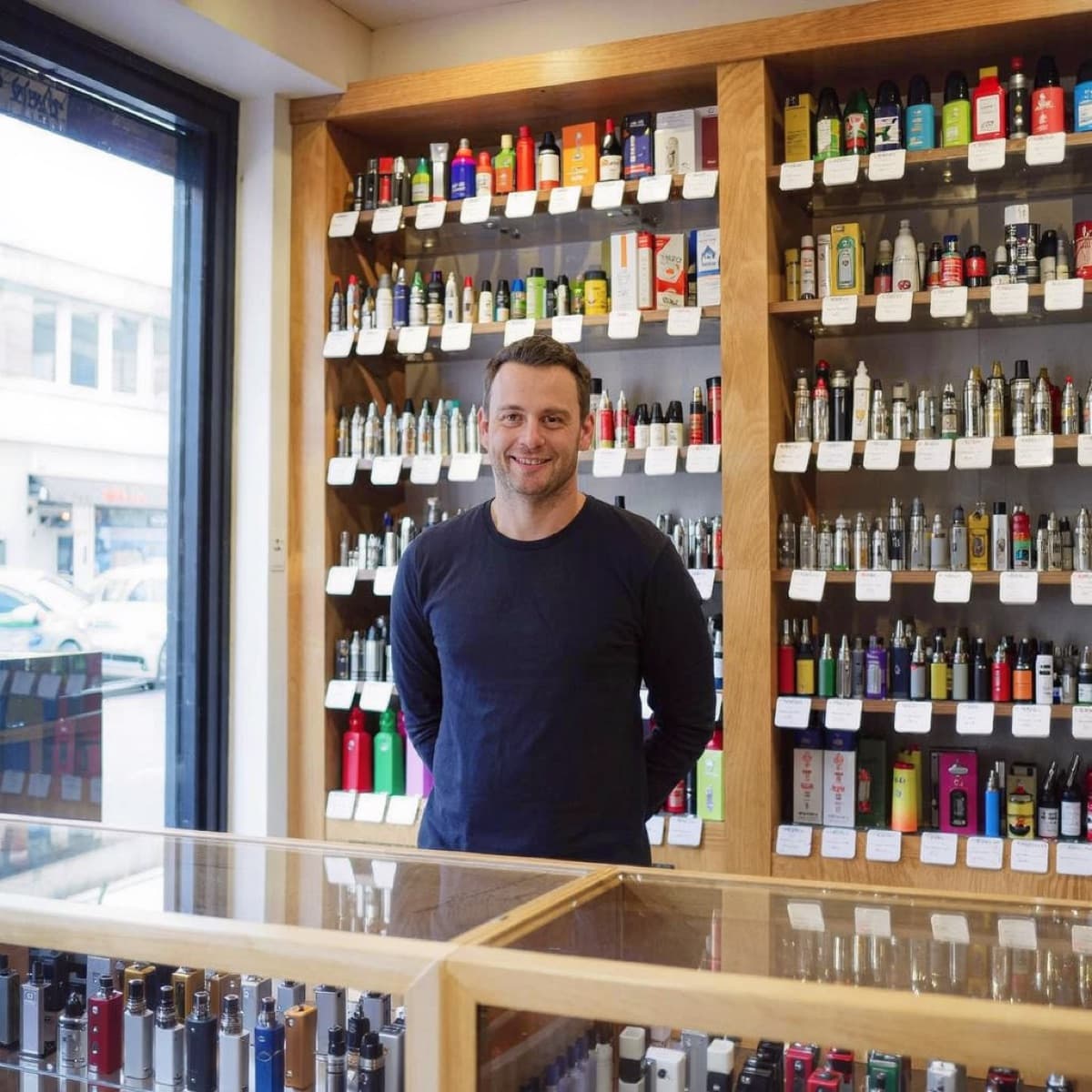 A vape shop owner behind his counter, walls of e-liquids and kits behind him