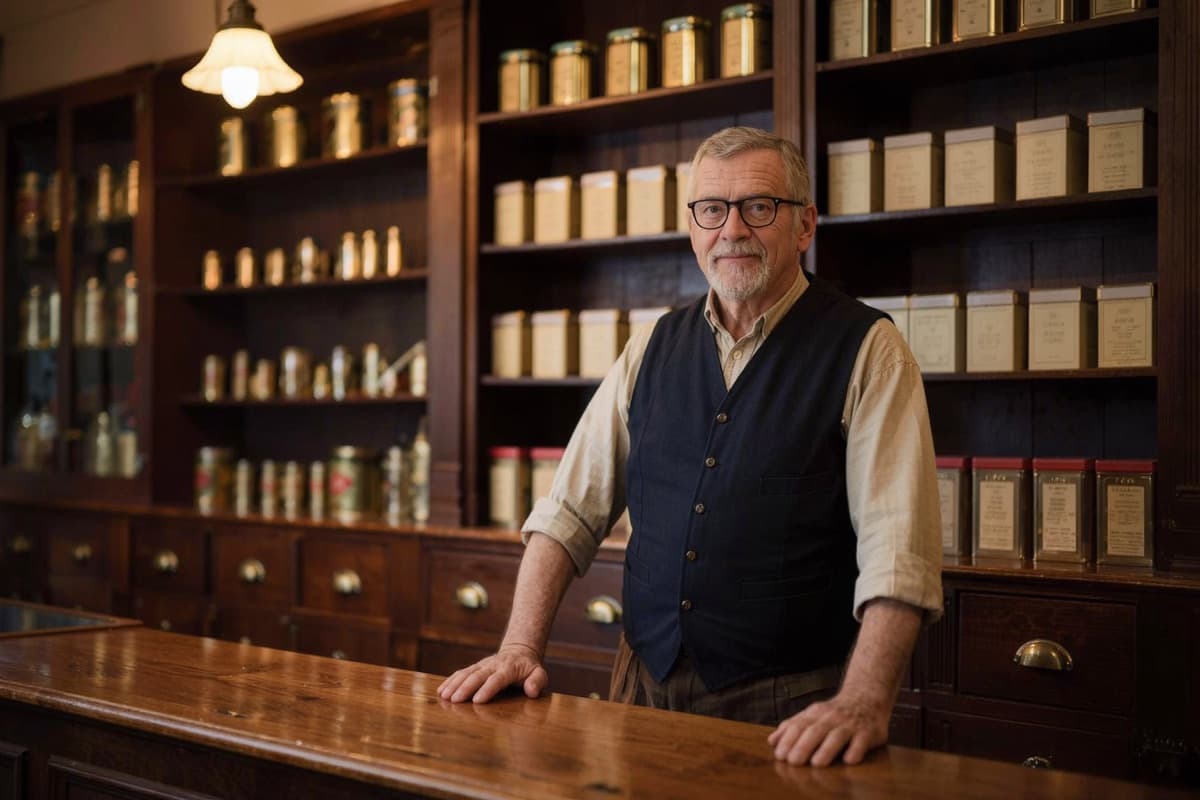 A tobacconist behind the counter of a specialist shop